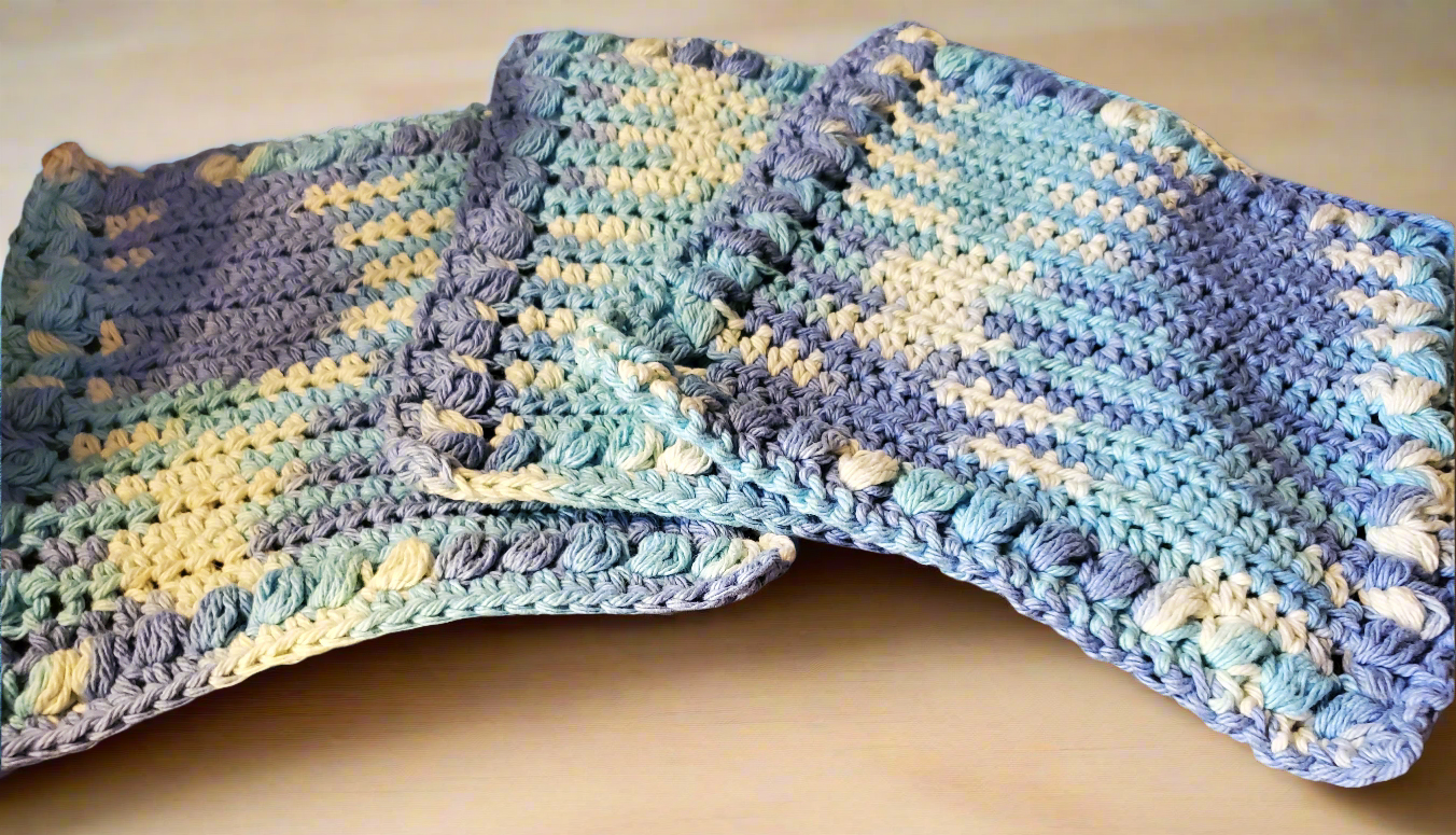 Large Blue Variegated Cotton Dishcloths- set of 3, soft and absorbent for cleaning.