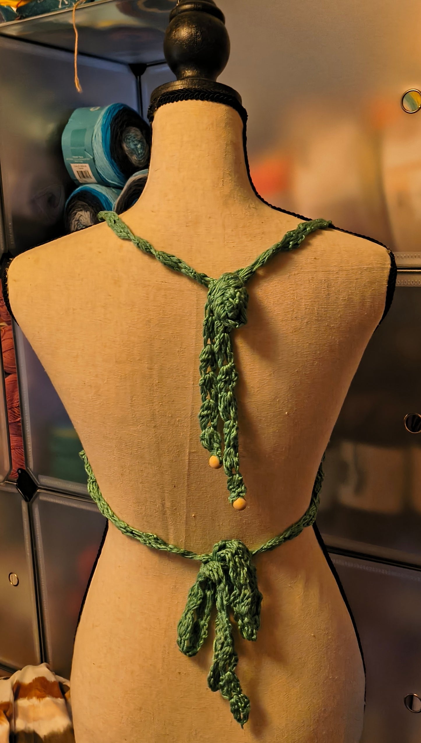 Forest green crochet halter top, boho lace festival top, open back handmade