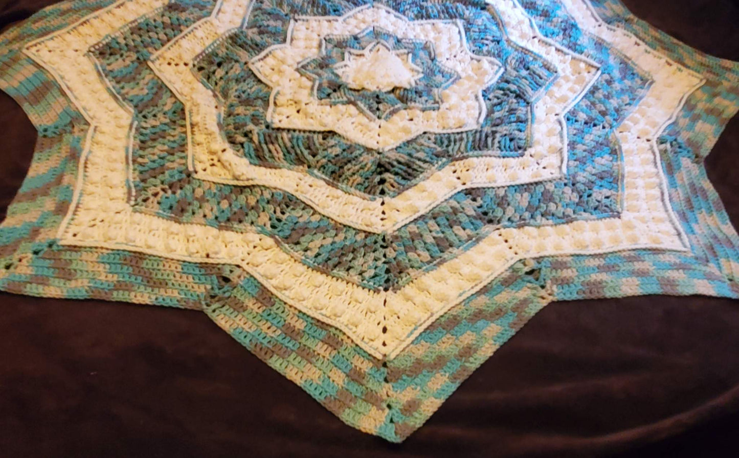 star crochet blanket blue gray camo colors, handmade mandala star afghan