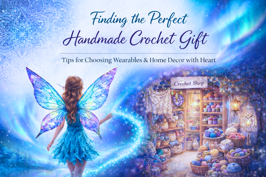 Fantasy boho illustration of a pixie with colorful wings leaving a glowing northern lights trail leading to a cozy crochet shop filled with yarn and handmade items.