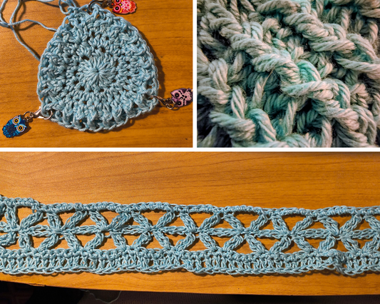 Work-in-progress crochet top design featuring a textured triangle cup with alternating front post and back post stitches, close-up stitch detail, and a lace band in a Flower of Life pattern made with lightweight blue yarn.