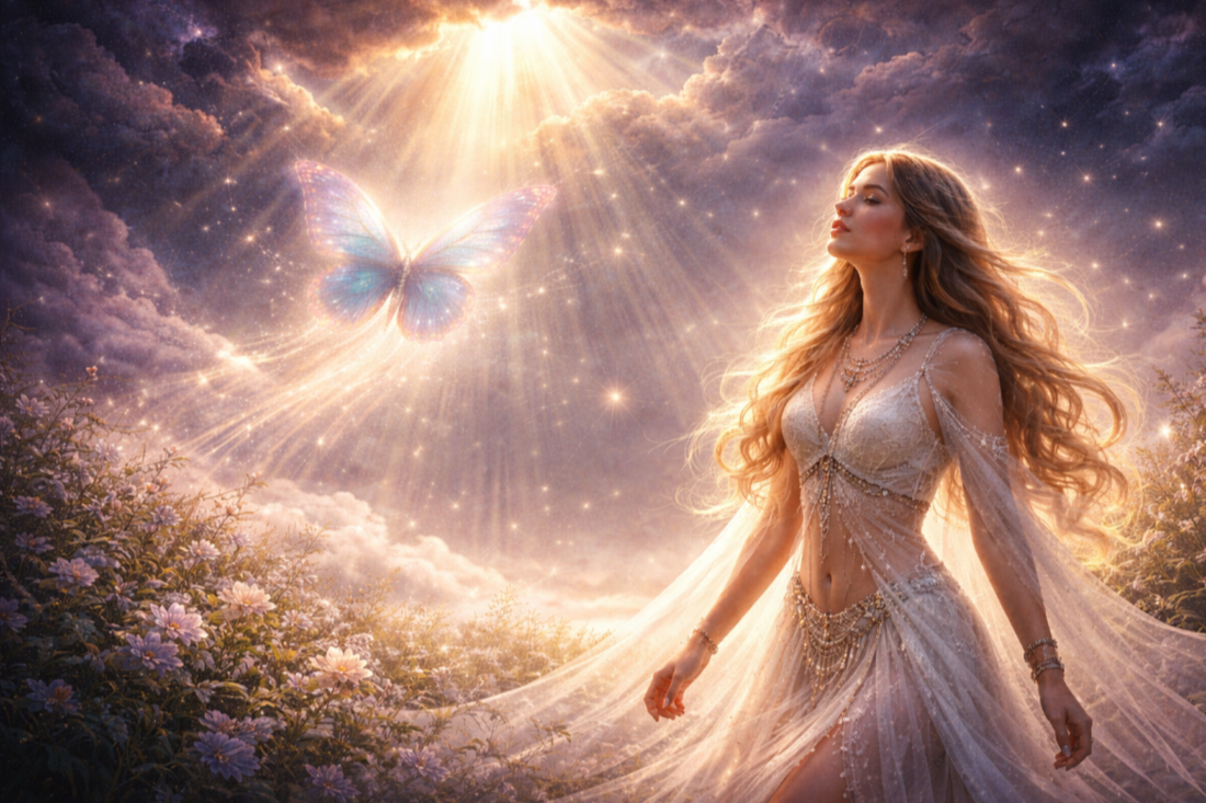 Fantasy scene of a glowing woman with butterfly and light breaking through clouds