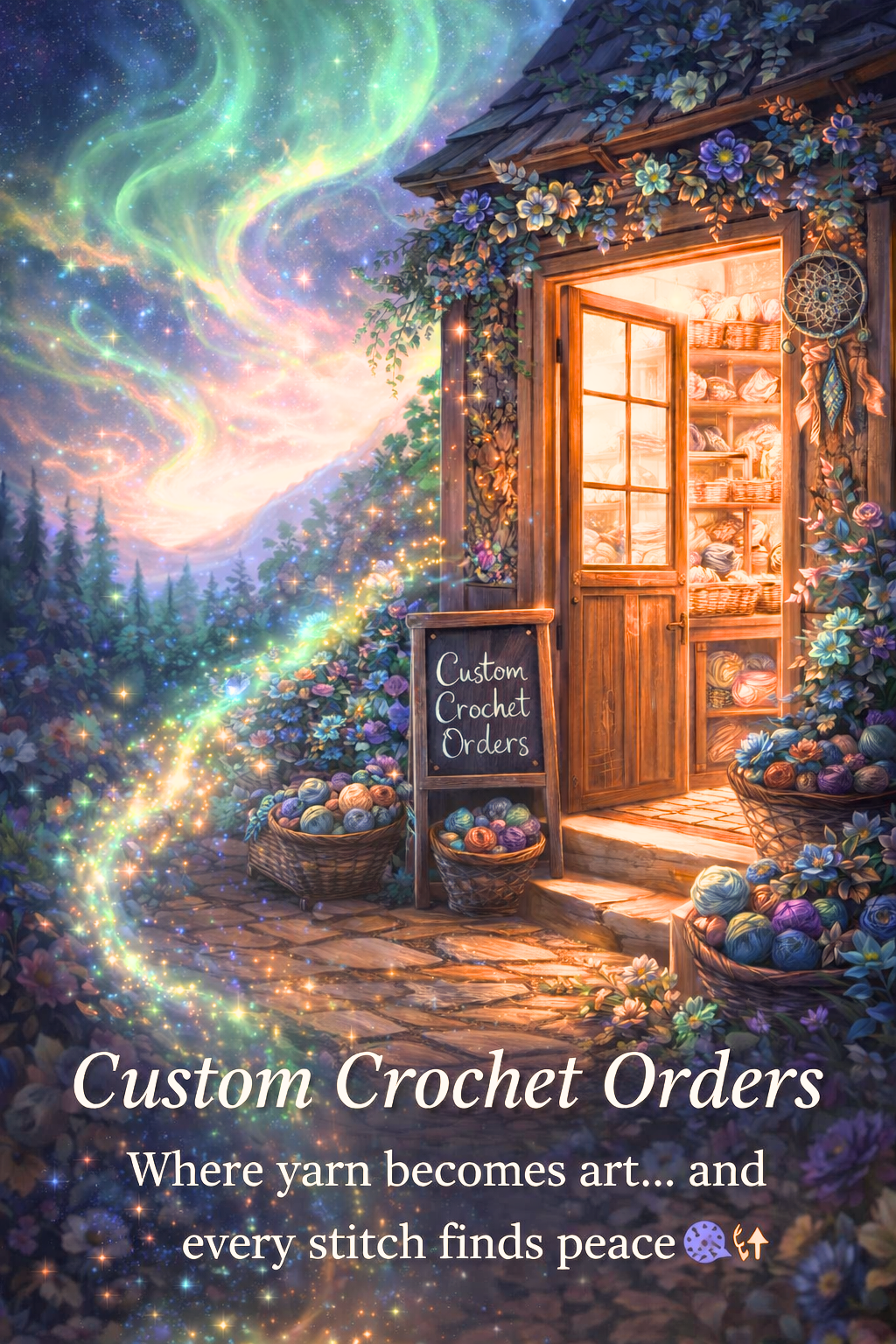 Cozy crochet shop glowing at night under northern lights, filled with yarn baskets and handmade crochet pieces, with a magical aurora path leading to the entrance.