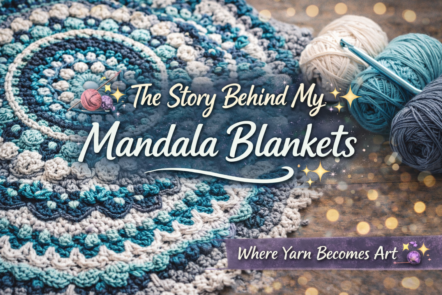 intricate mandala crochet blanket in dark teal, aqua, gray and white with textured stitches and yarn skeins
