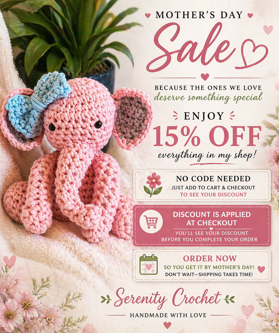 Handmade crochet elephant plush in soft pink with a blue bow sitting on a cozy blanket next to a green houseplant, styled as a Mother’s Day sale image with 15% off shop promotion text