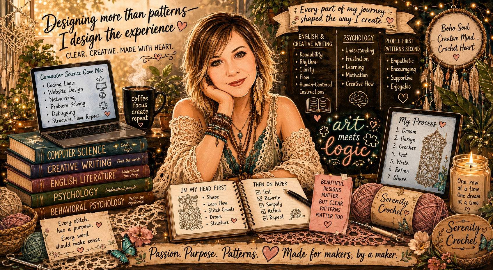 Illustrated portrait of crochet designer Nichole Schneider surrounded by yarn, crochet tools, lace sketches, and creative design elements.