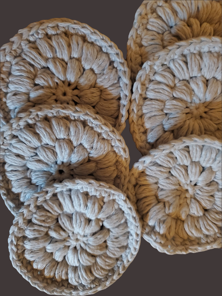 Crochet bathroom essentials collection, reusable cotton face scrubbies, handmade skincare accessories