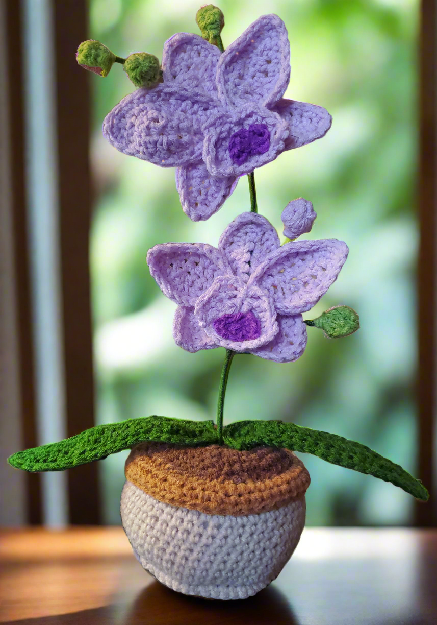 handmade crochet orchid plant in pot with lavender flowers decorative crochet plant