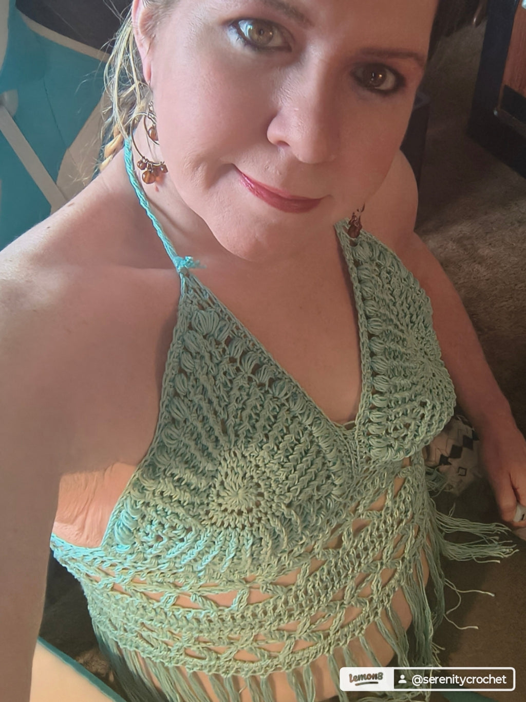 Serenity Fringe Crochet Top – Boho Halter Top with Flower of Life Lace Detail and Fringe