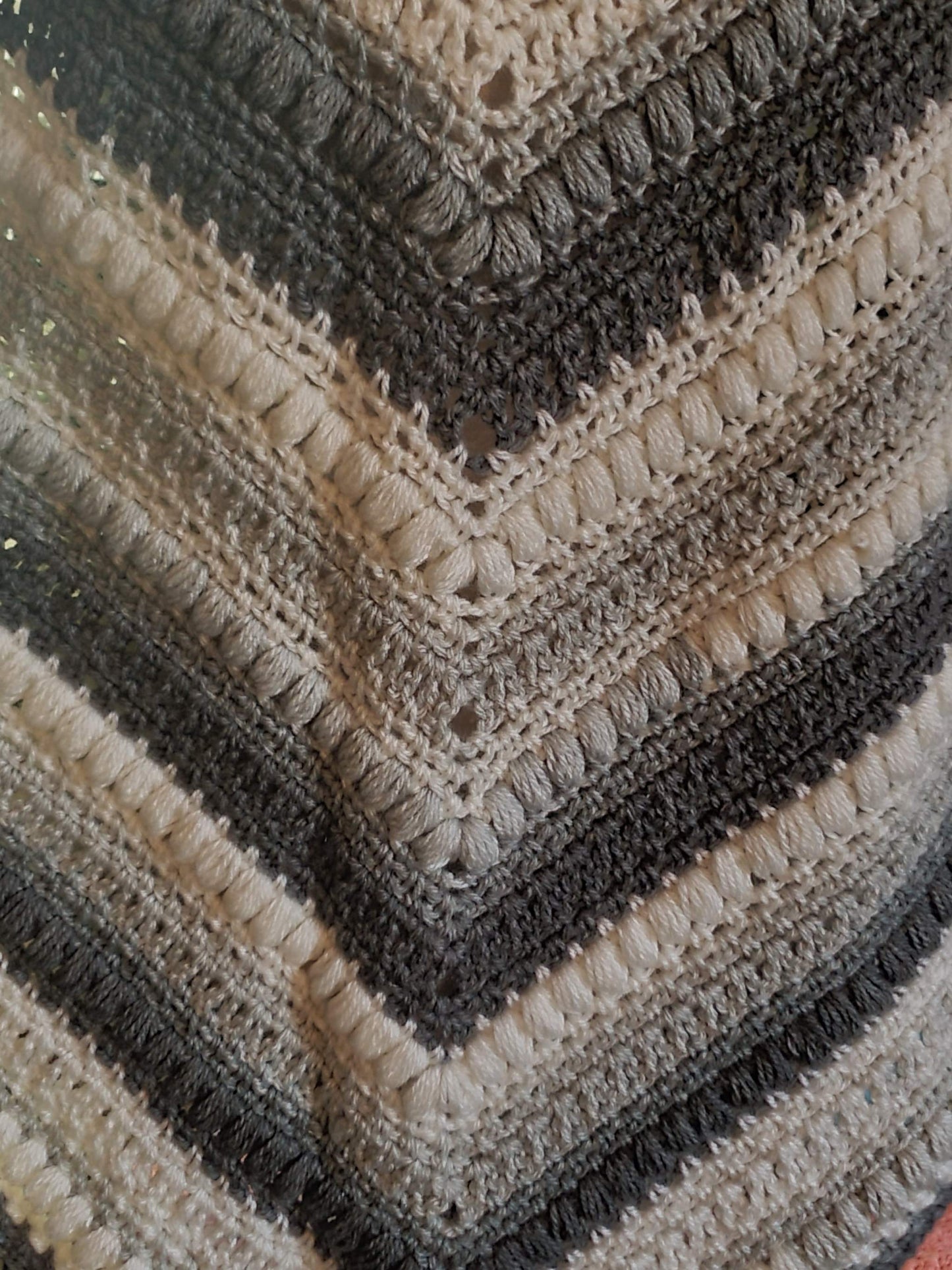 crochet shawl detail puff stitch texture striped handmade shawl gray cream taupe yarn
