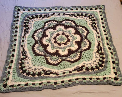 mint purple white mandala crochet blanket, handmade boho throw blanket 45 inch