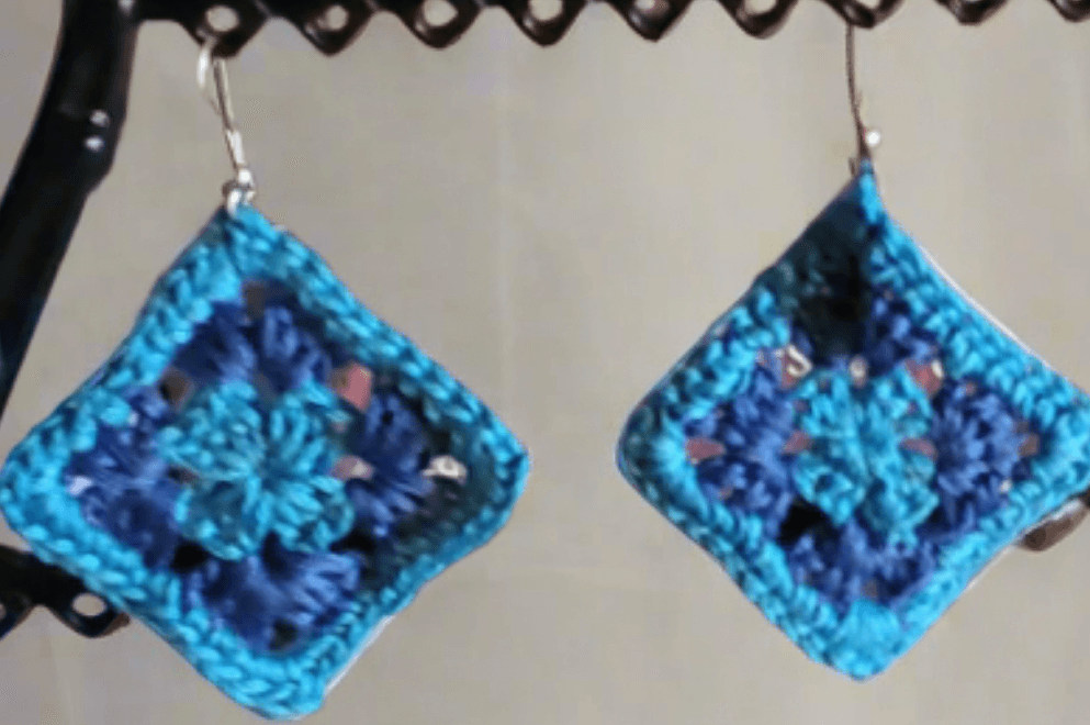 Mini crochet granny square earrings detail, blue and teal handmade jewelry