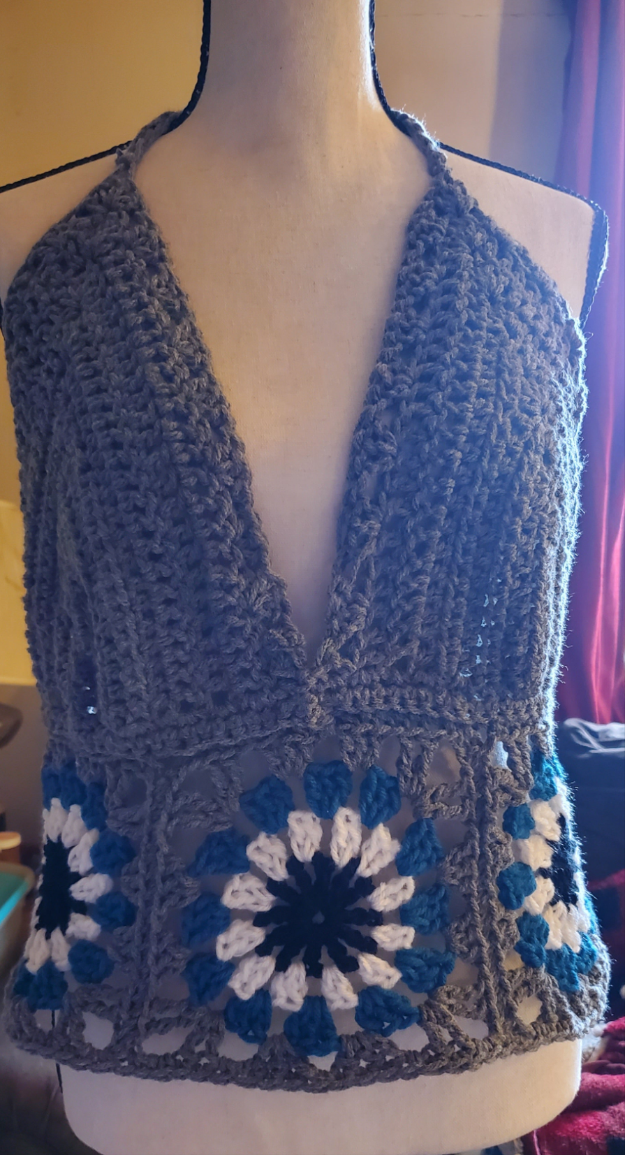 Charcoal crochet halter top with sunburst granny square, boho festival open back top