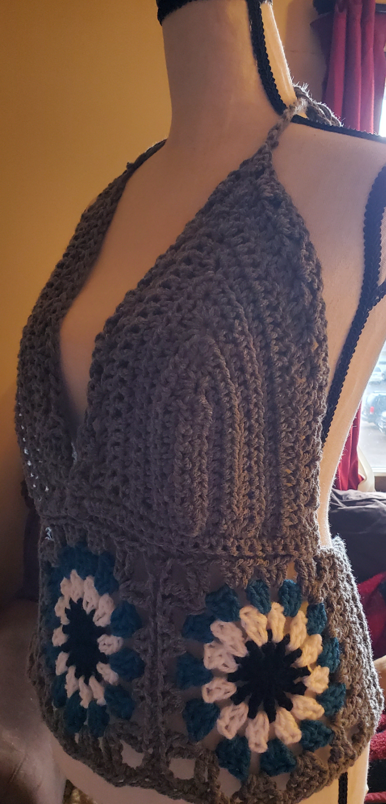 Boho crochet halter top side view, granny square festival top with open back