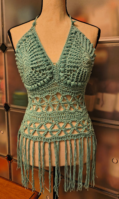 Serenity Fringe Crochet Top – Boho Halter Top with Lace Detail and Fringe