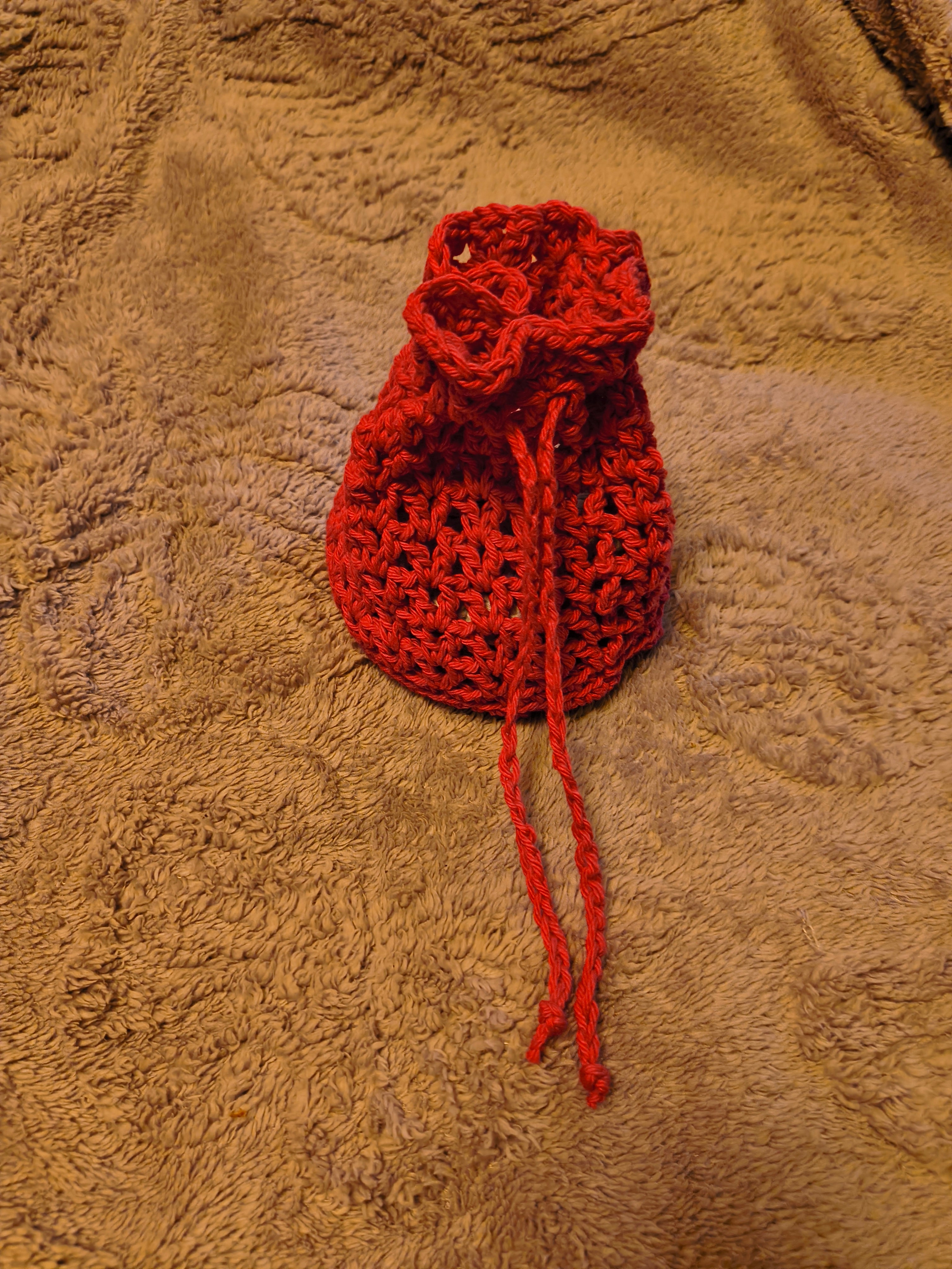 Handmade dark pink crochet drawstring bag, 100% cotton pouch for makeup, face scrubbies, and small accessories