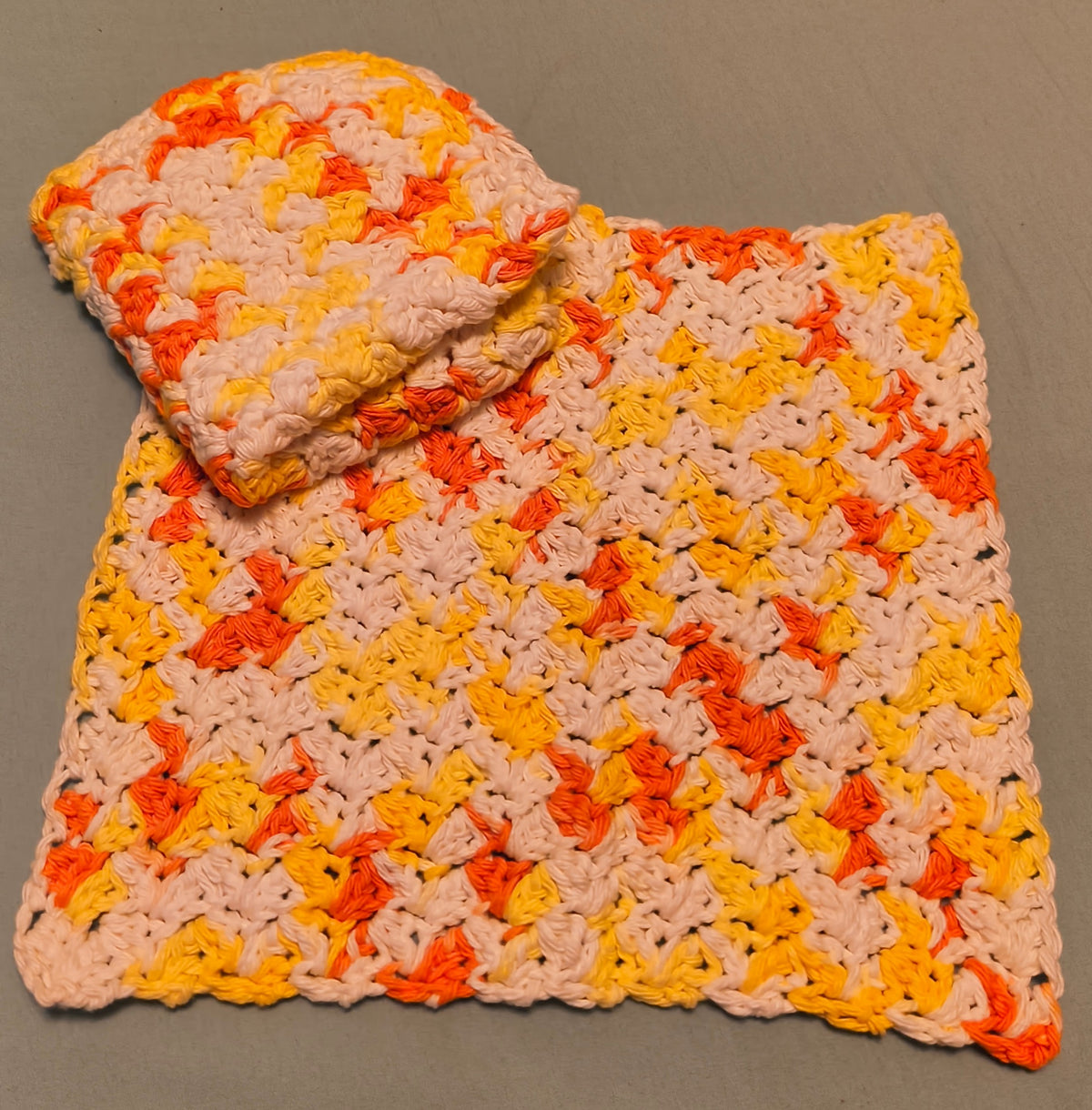 Handmade Crochet Dishcloth Set (2) – Yellow Orange White Variegated | Soft Cotton Washcloths | Kitchen Essentials