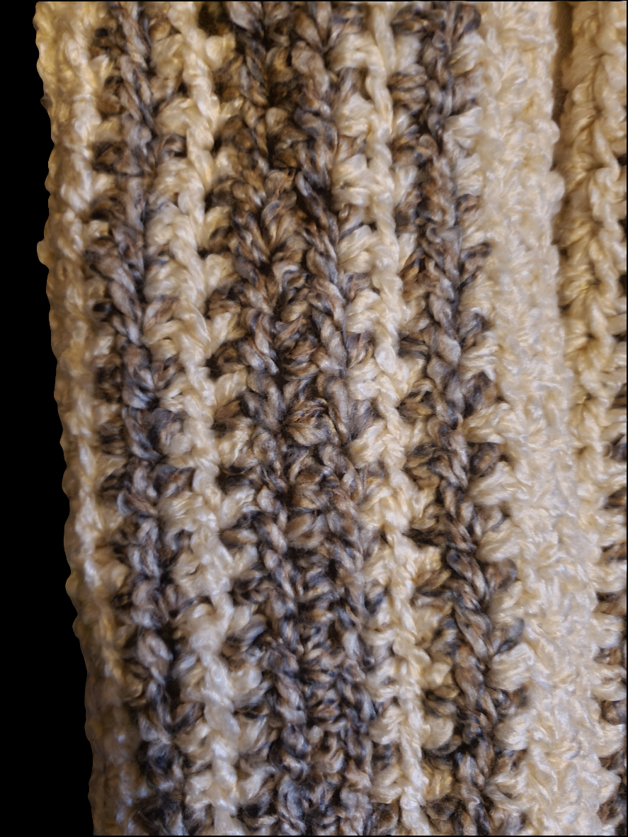 Soft thick handmade crocheted gray and white infinity scarf texture.