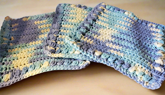 Large Blue Variegated Cotton Dishcloths- set of 3, soft and absorbent for cleaning.