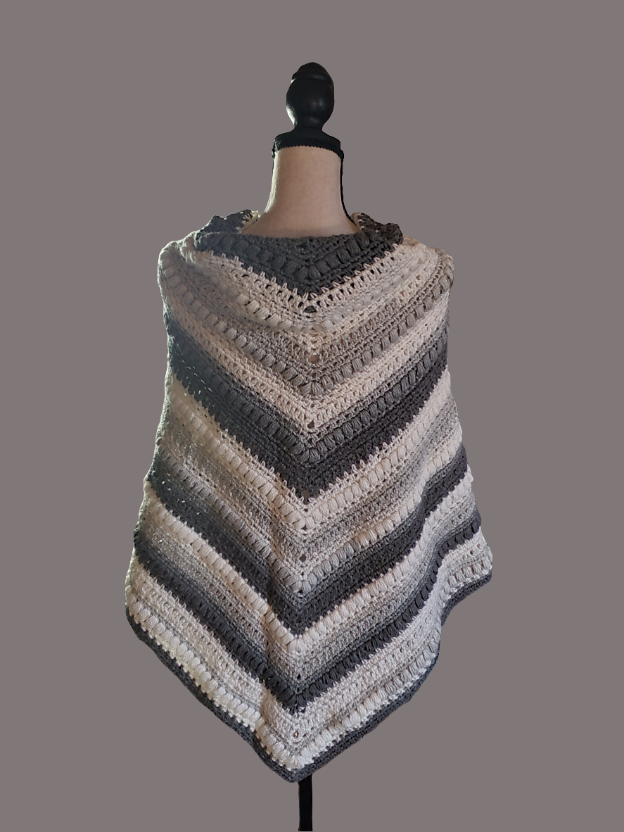 large crochet shawl wrap handmade puff stitch striped shawl neutral tones boho crochet shoulder wrap