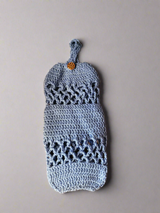 Crochet plastic bag holder, hanging grocery bag organizer, reusable kitchen storage dispenser