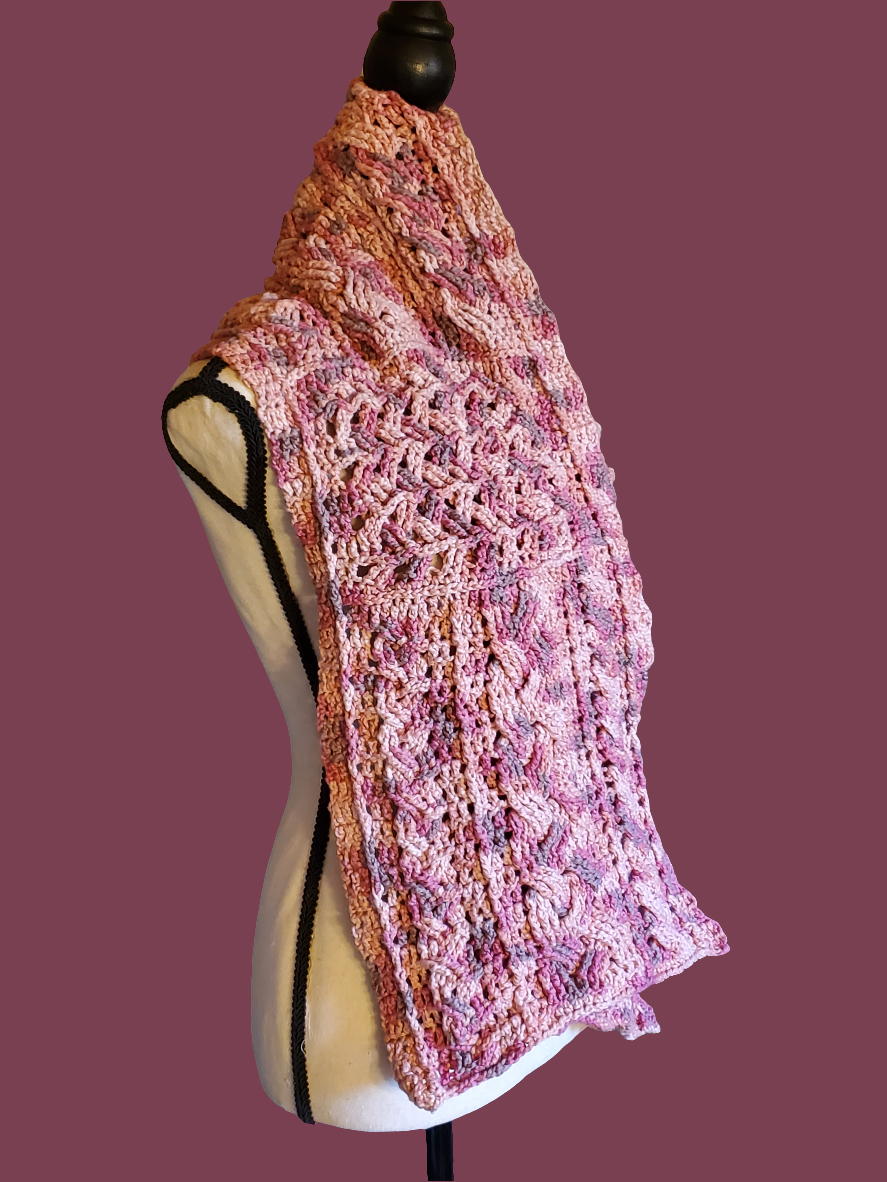 pink crochet cable scarf handmade textured cotton scarf chunky cozy winter scarf soft boho crochet wrap marled pink yarn