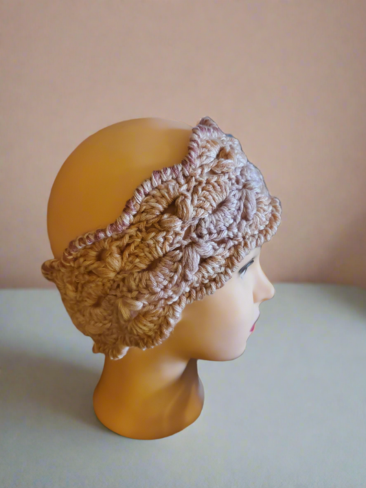 Pink and peach crocheted earwarmer for women and teens.