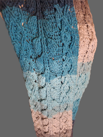 Handmade blue crocheted fancy cabled leaf scarf with intricate design.