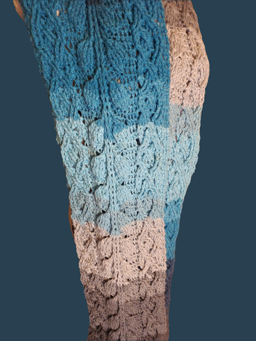 Handmade blue crocheted cabled leaf scarf for men or women, lightweight and stylish.