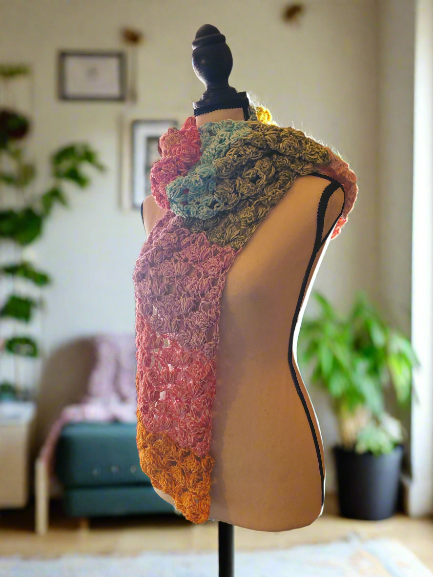 Beautiful handmade crocheted colorful scarf with unique sweetheart design for everyday wear.