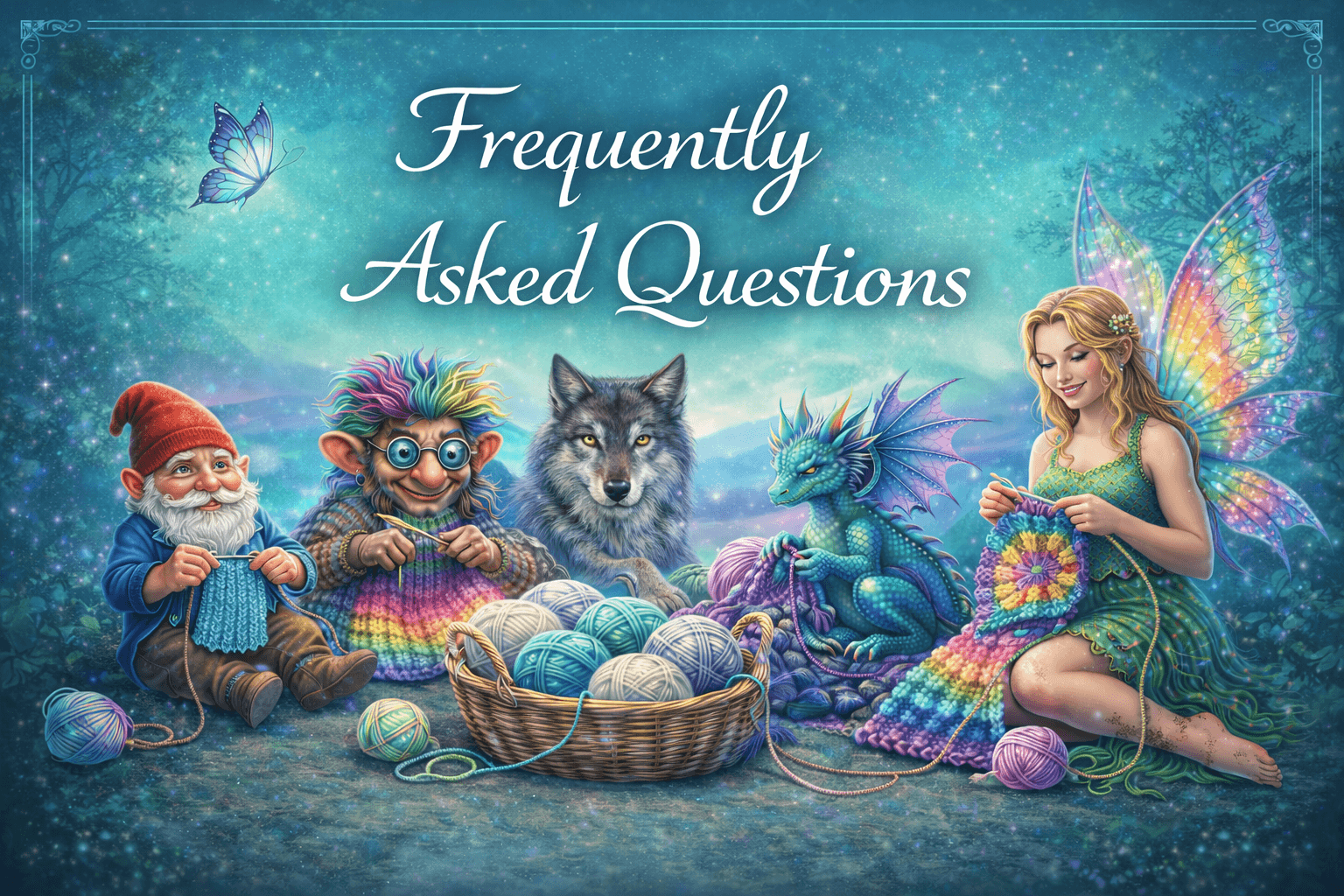 Frequently Asked Questions banner featuring a whimsical fantasy scene with a fairy crocheting a colorful blanket, a dragon, a wolf, a gnome, and a troll surrounded by yarn, set against a magical forest background.