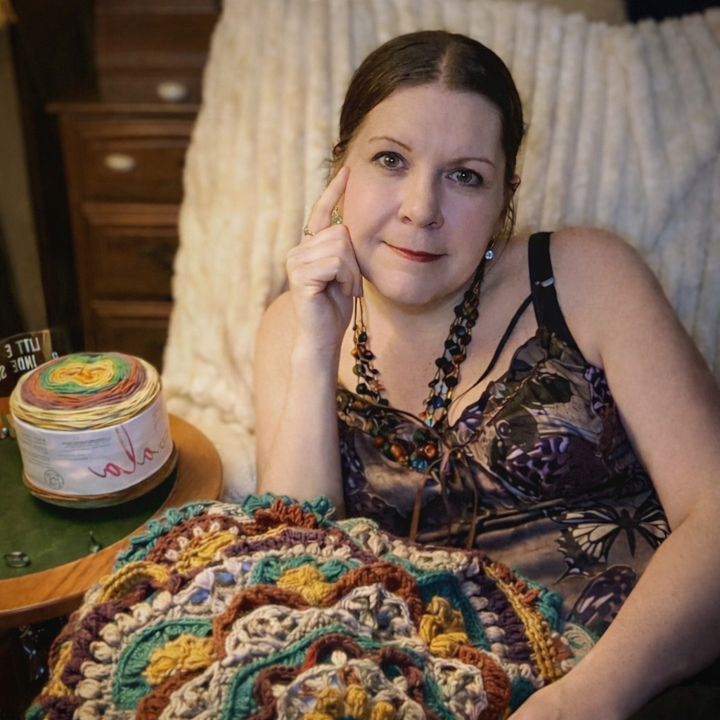 Crochet artist sitting in a cozy chair holding a handmade textured blanket in earthy tones, with a multicolored yarn cake on a wooden side table nearby.