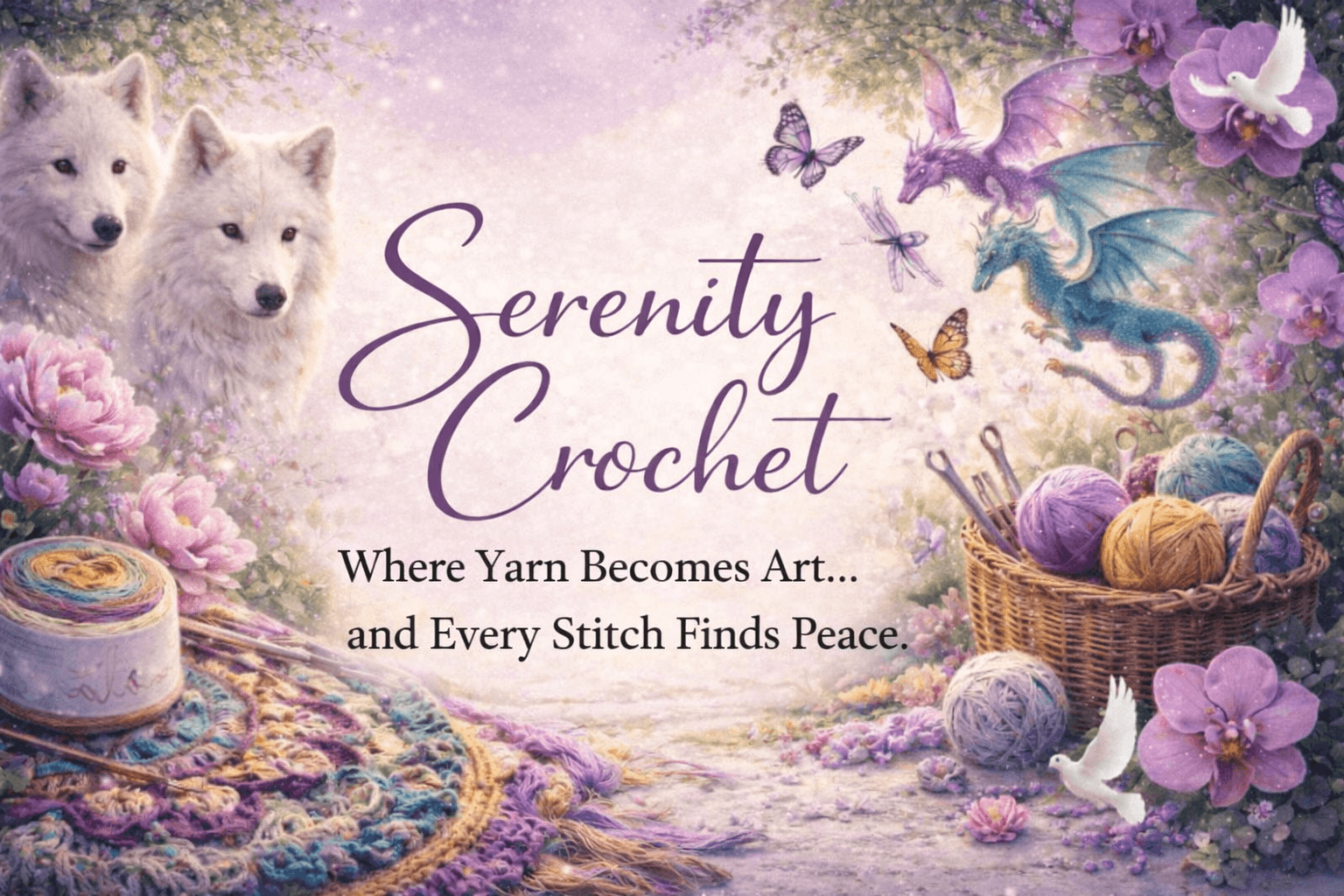 Serenity Crochet banner featuring two white wolves, a dragon, butterflies, flowers, and baskets of yarn surrounding a crochet mandala, with the slogan “Where Yarn Becomes Art and Every Stitch Finds Peace” in clear black text.