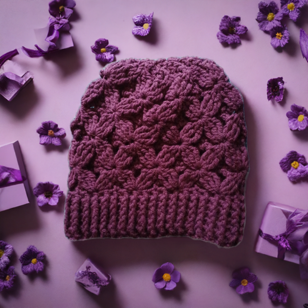 crochet flower of life beanie hat in purple rose and teal with textured stitch pattern