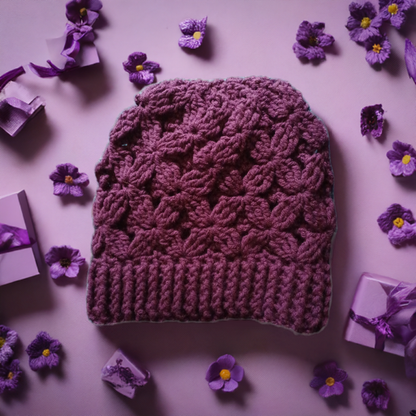 crochet flower of life beanie hat in purple rose and teal with textured stitch pattern