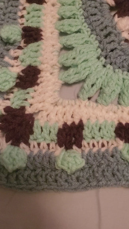 Mandala Crochet Blanket – 45" Mint, Purple & White Boho Throw, Handmade Cozy Afghan