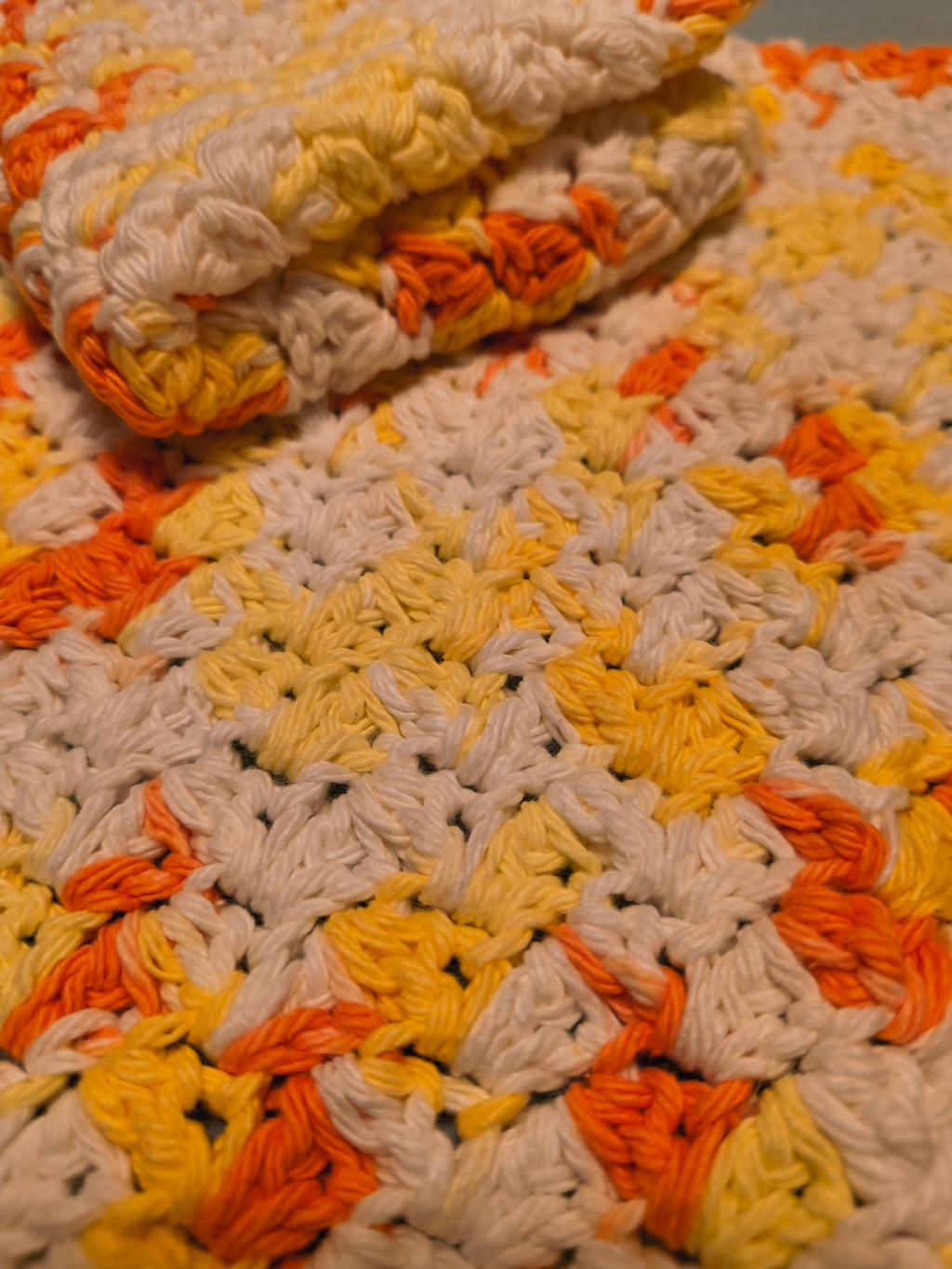 Handmade Crochet Dishcloth Set (2) – Yellow Orange White Variegated | Soft Cotton Washcloths | Kitchen Essentials