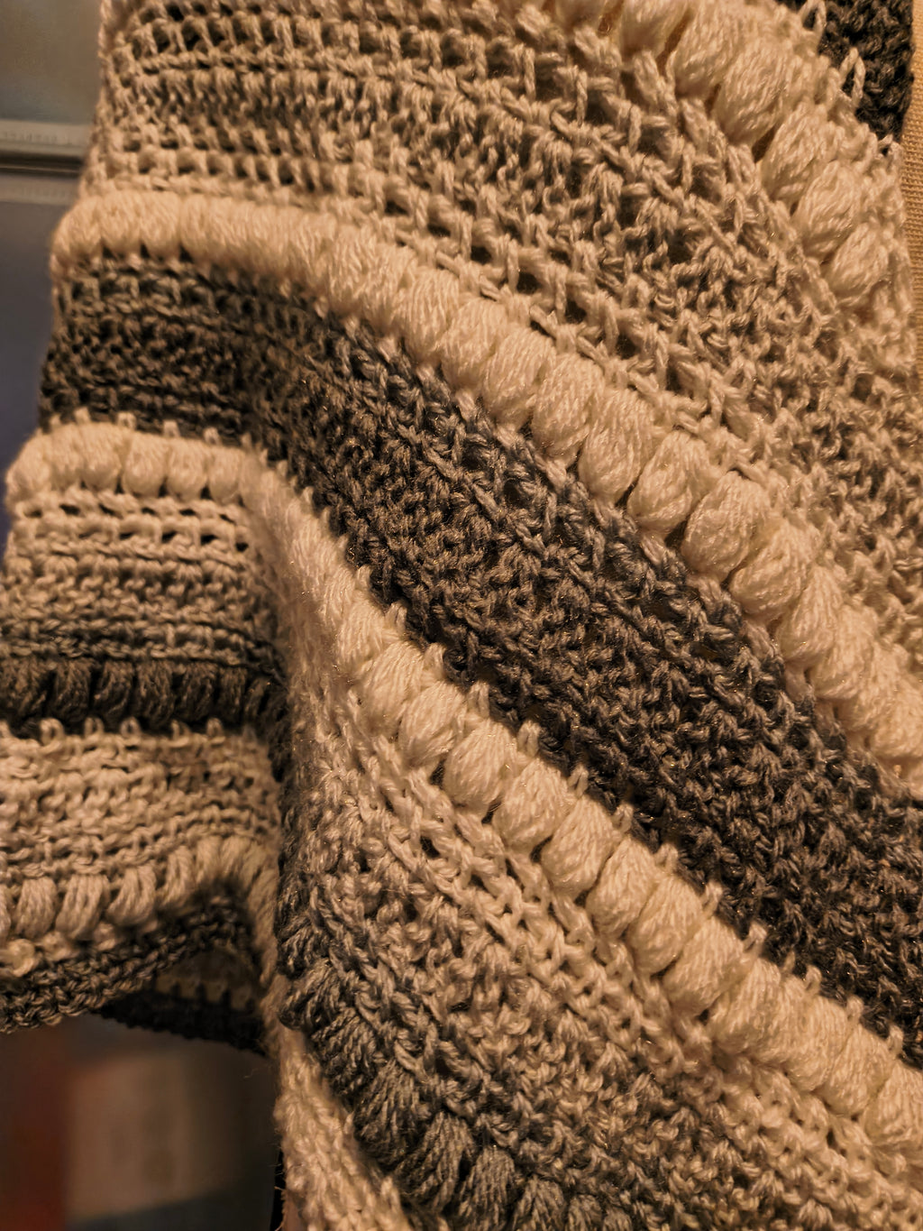 Grey & Cream Puff Stitch Crochet Shawl Wrap | Textured Triangle Shawl | Handmade Boho Winter Wrap | Neutral Crochet Statement Piece