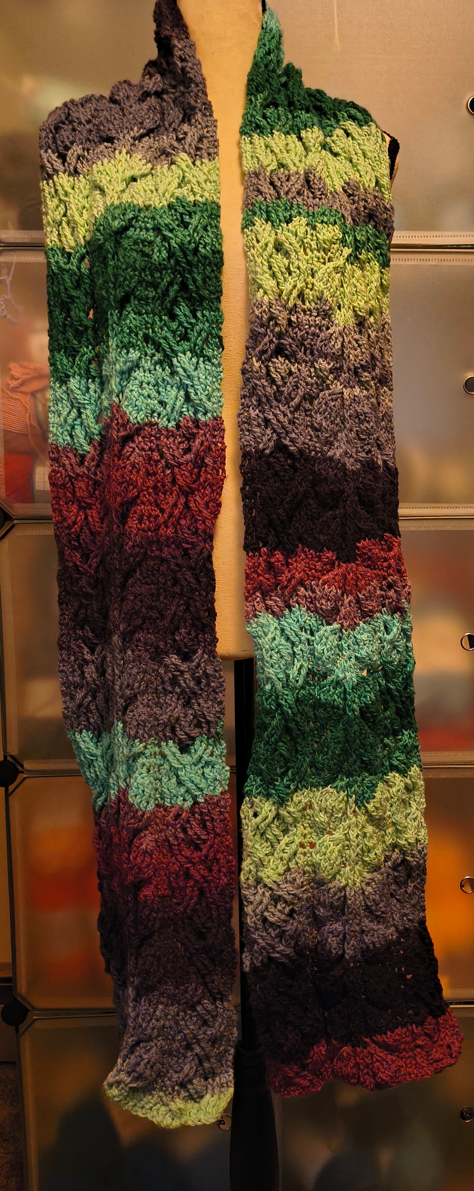 Extra Long Cabled Crochet Scarf – Green & Purple Gradient Super Scarf – Textured Boho Wrap – Handmade Statement Fiber Art