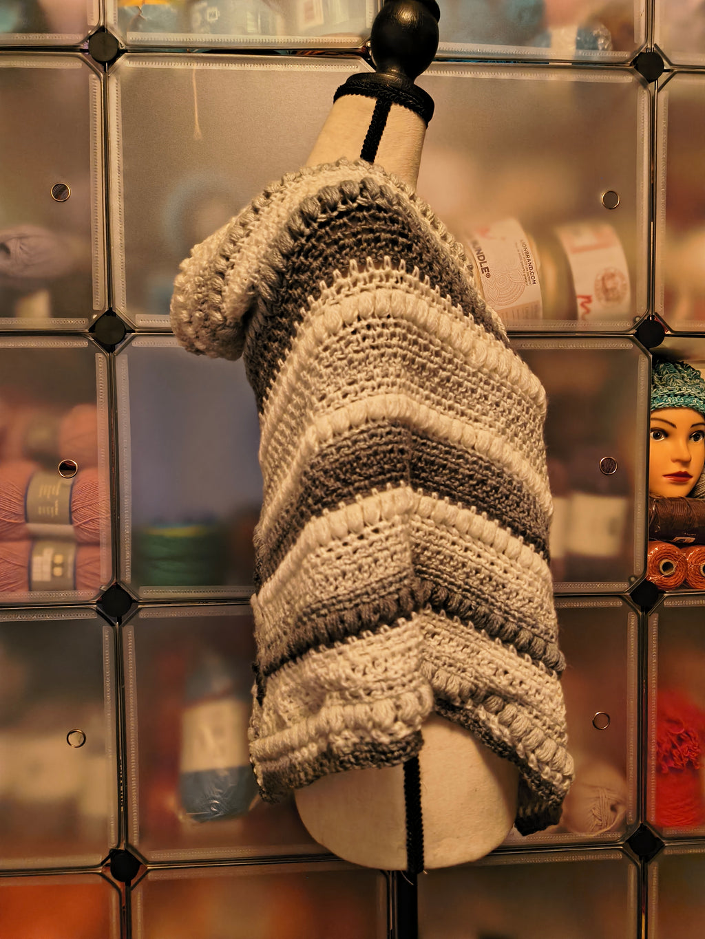 Grey & Cream Puff Stitch Crochet Shawl Wrap | Textured Triangle Shawl | Handmade Boho Winter Wrap | Neutral Crochet Statement Piece