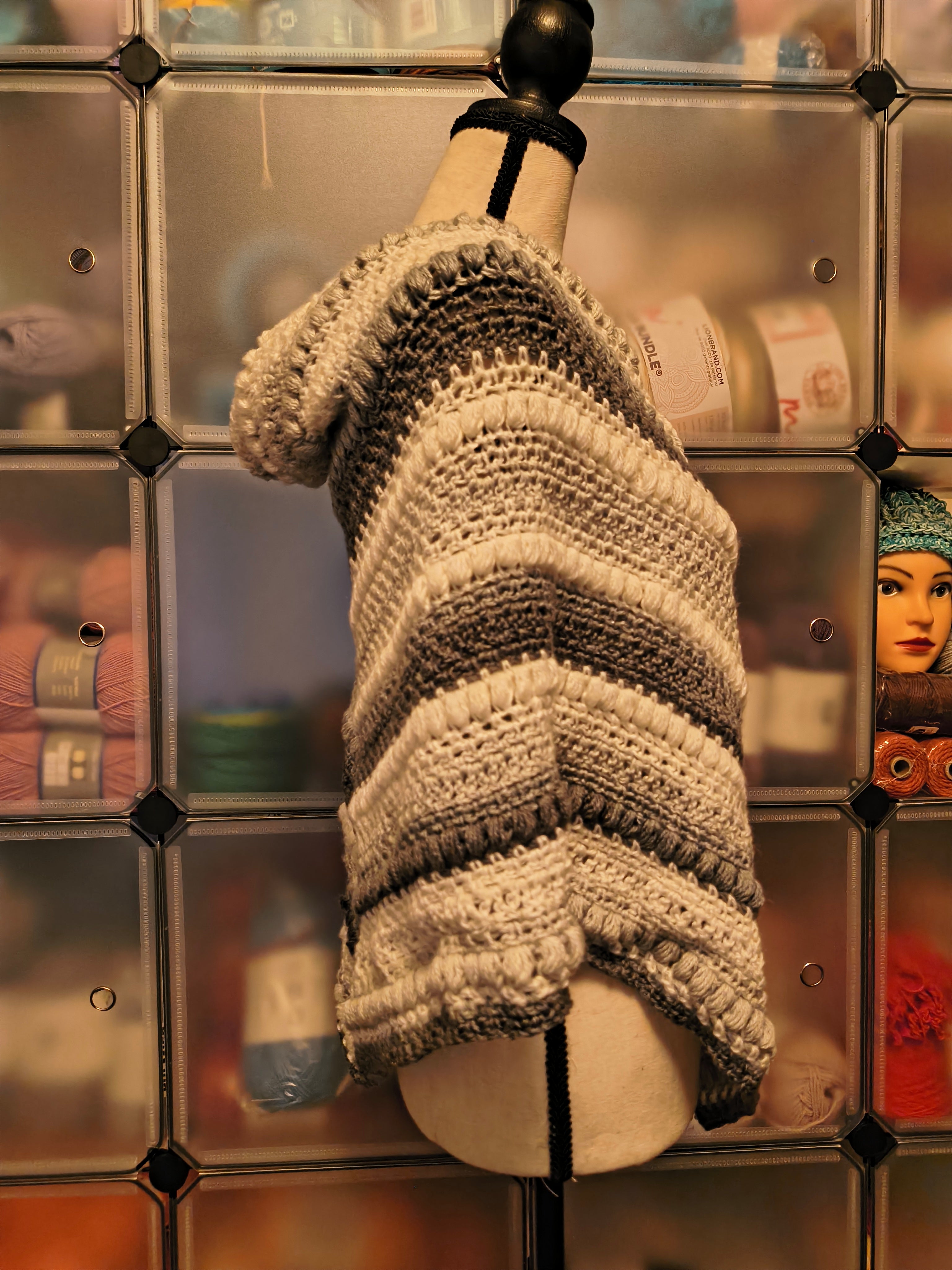 Grey & Cream Puff Stitch Crochet Shawl Wrap | Textured Triangle Shawl | Handmade Boho Winter Wrap | Neutral Crochet Statement Piece