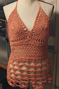 Front view of Desert Siren crochet top featuring a V-neckline, smooth stitch cups, and boho openwork lace design in a warm rust color