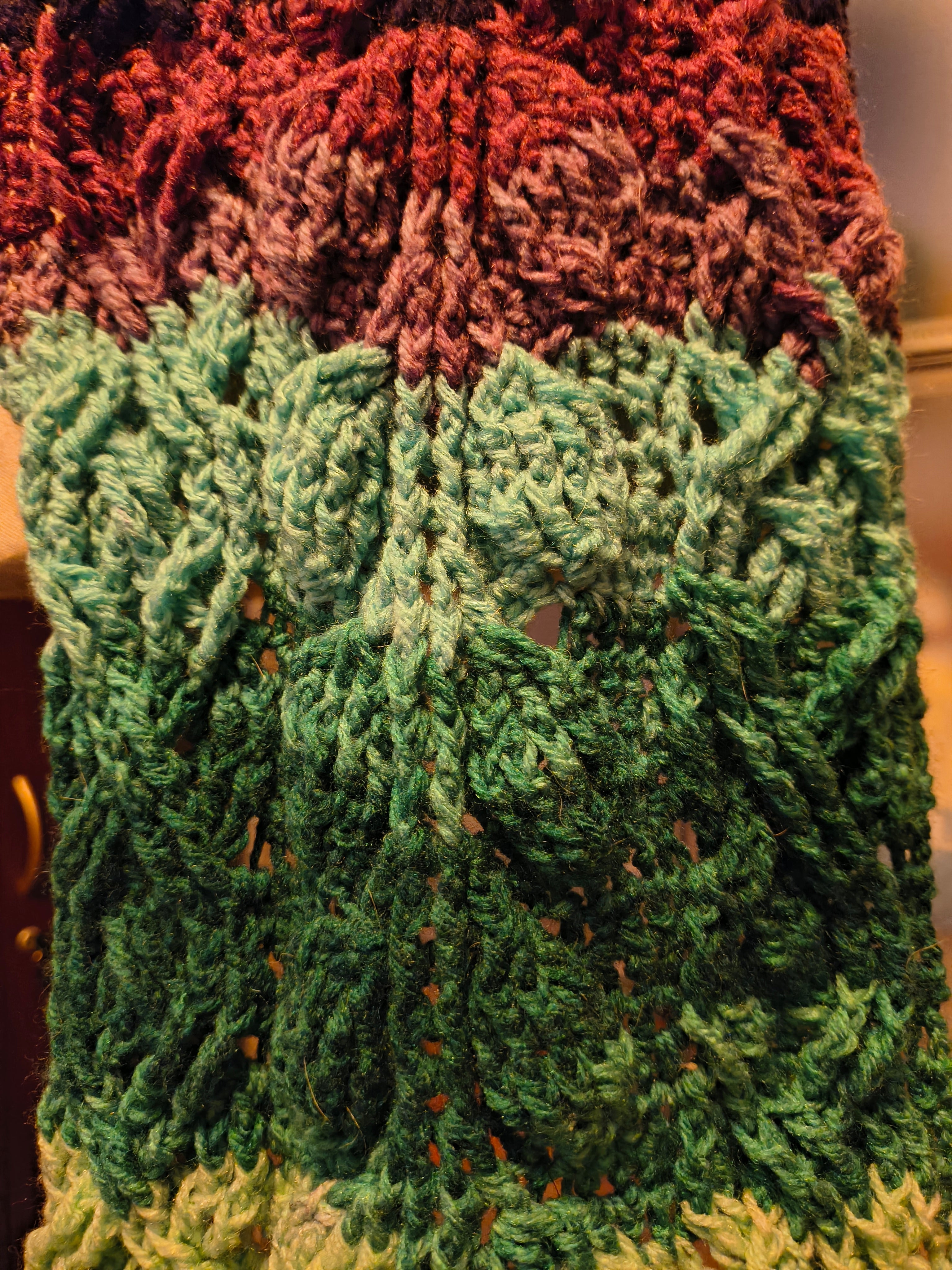 Extra Long Cabled Crochet Scarf – Green & Purple Gradient Super Scarf – Textured Boho Wrap – Handmade Statement Fiber Art