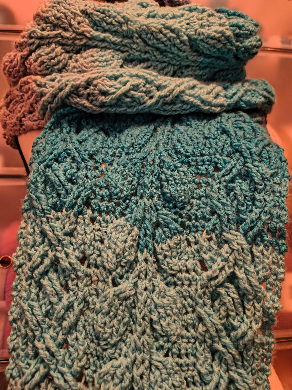 Blue Gradient Cabled Crochet Scarf – Extra Long Handmade Wrap