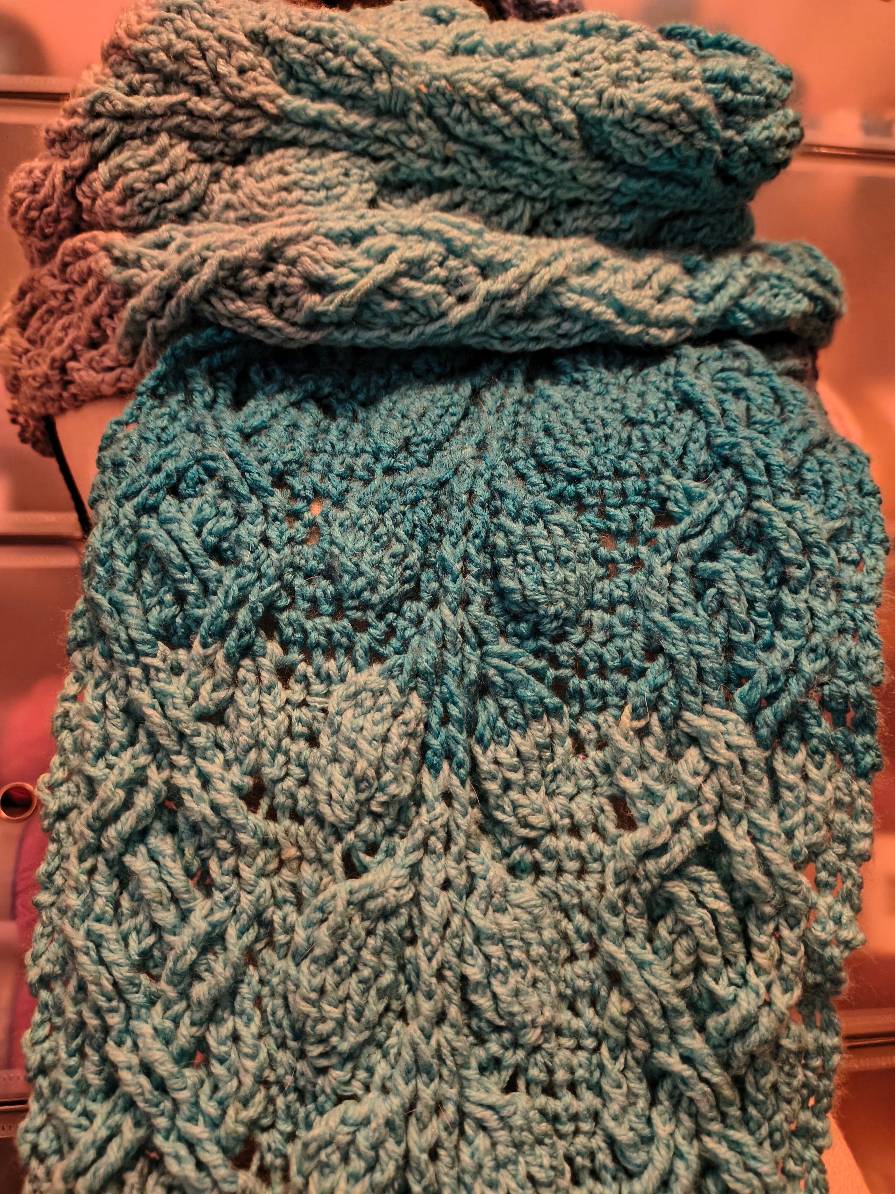 Blue Gradient Cabled Crochet Scarf – Extra Long Handmade Wrap