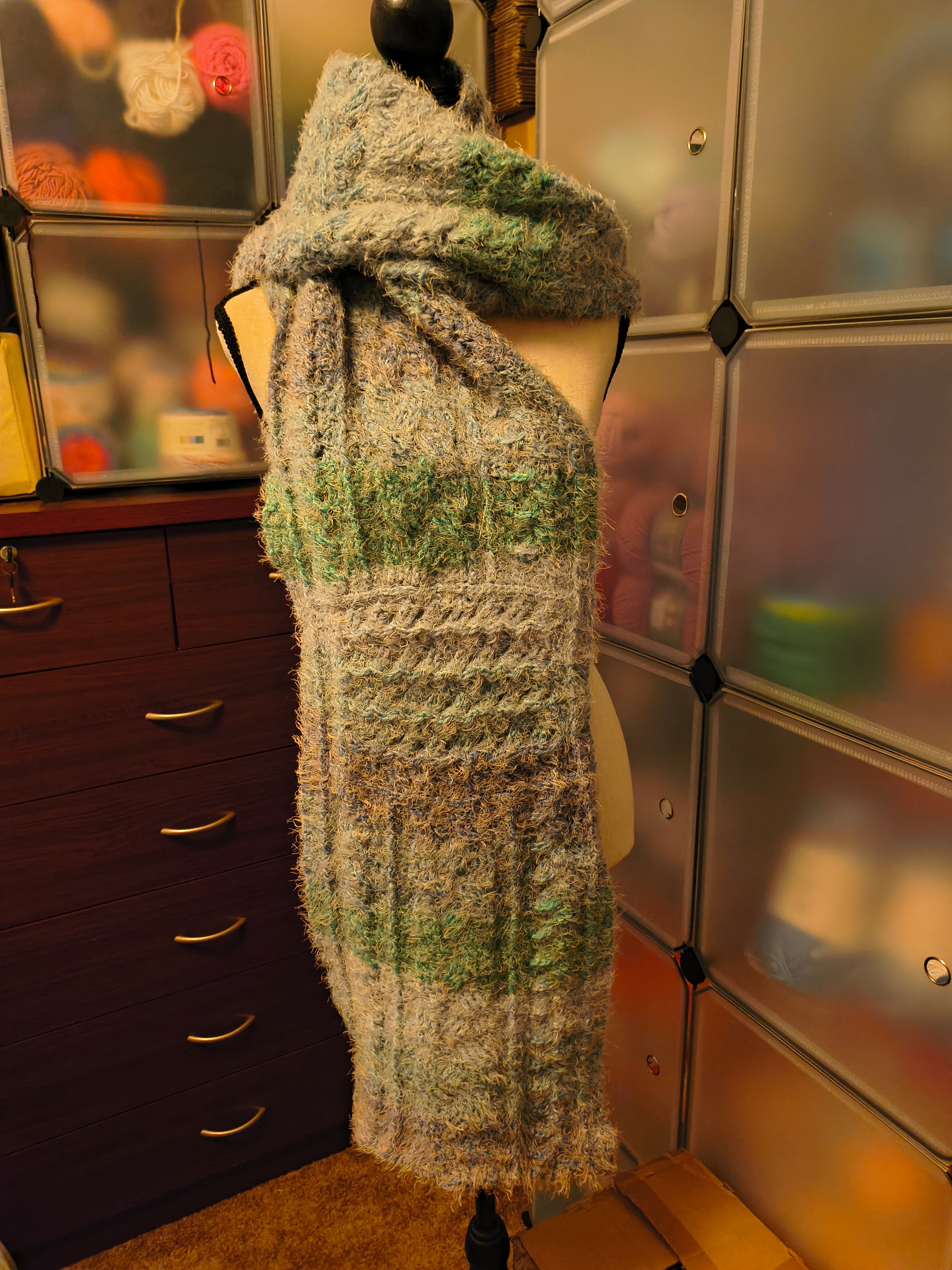 Fuzzy Crochet Cable Scarf – Oversized Plush Crochet Wrap – Soft Textured Winter Scarf – Handmade Chunky Artisan Shawl