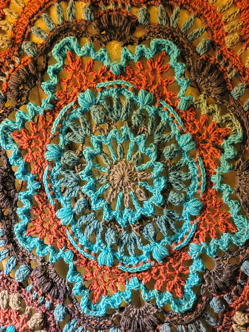 Boho Mandala Crochet Blanket – 55” Textile Art Piece – Purple, Aqua & Gray – Handmade Heirloom Throw