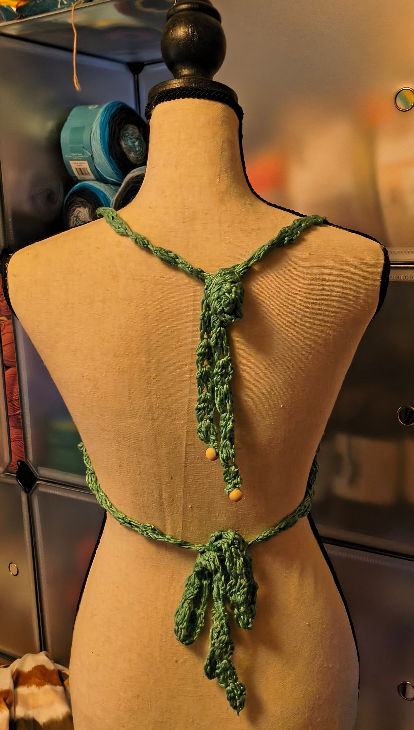 Forest green crochet halter top, boho lace festival top, open back handmade