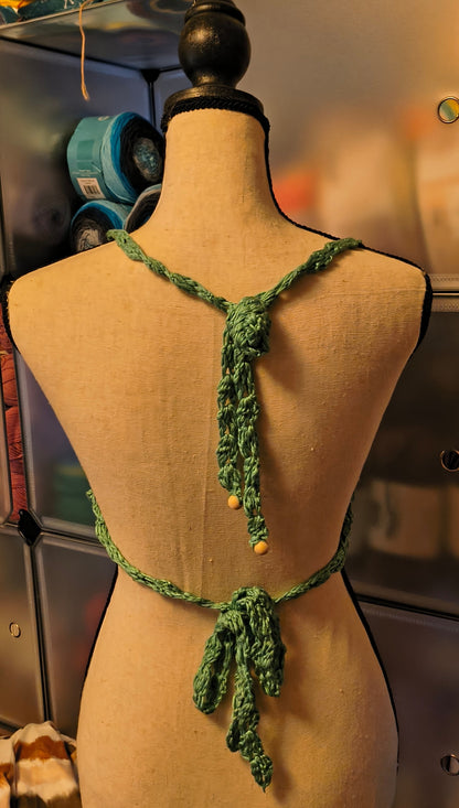 Forest green crochet halter top, boho lace festival top, open back handmade