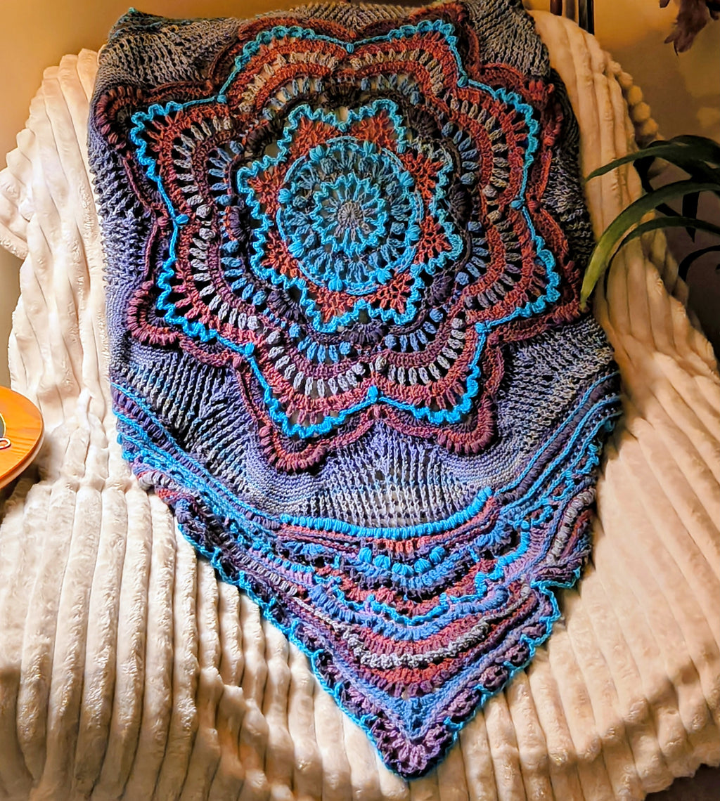 Boho Mandala Crochet Blanket – 55” Textile Art Piece – Purple, Aqua & Gray – Handmade Heirloom Throw